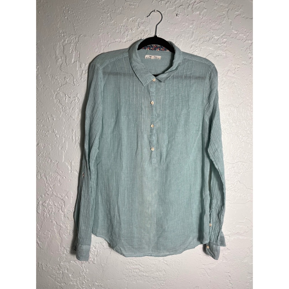 Isabella Sinclair Aqua Stripe Cotton Popover Lace Back Blouse Women's L‎
